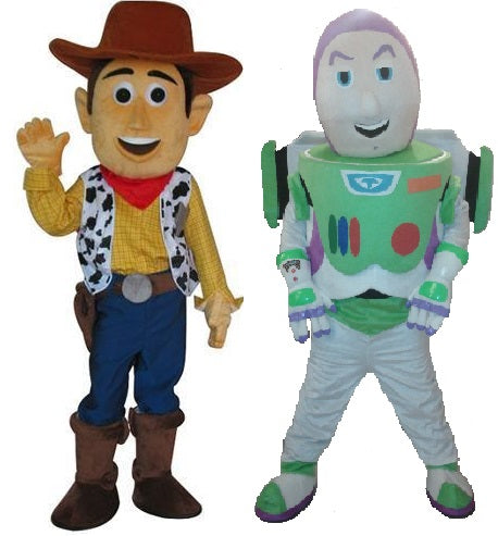 Hire Buzz and Woody mascot costume self-hire service in the UK.  Brilliant for self-wear party entertainment.  Suitable for Birthday parties, Childrens entertainment, Events, Shop openings, Schools, Celebrations and surprises.