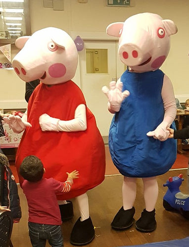 Peppa and George Pig Pepper fancy dress costume self-hire service in the UK.  Brilliant for self-wear party entertainment.  Suitable for Birthday parties, Childrens entertainment, Events, Shop openings, Schools, Celebrations and surprises.